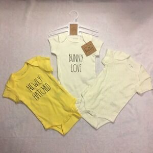 Rae Dunn Bodysuit Set‎ Kids 3-6M Yellow Cream NEW Bunny Love Newly Hatched 3Pk